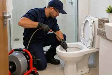 Profissional consertando vaso sanitário entupido com ferramentas.
