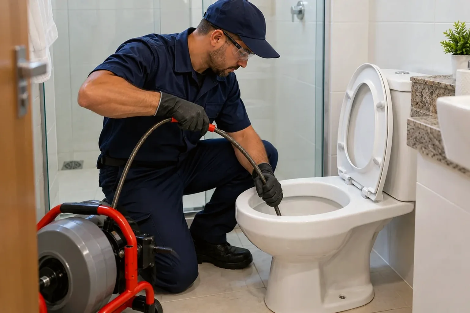 Profissional consertando vaso sanitário entupido com ferramentas.