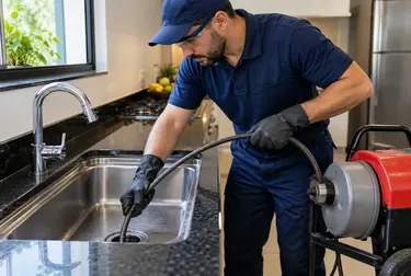 Profissional desentupindo uma pia com ferramentas adequadas.