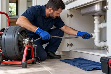 Profissional limpando caixa de gordura com ferramentas apropriadas.