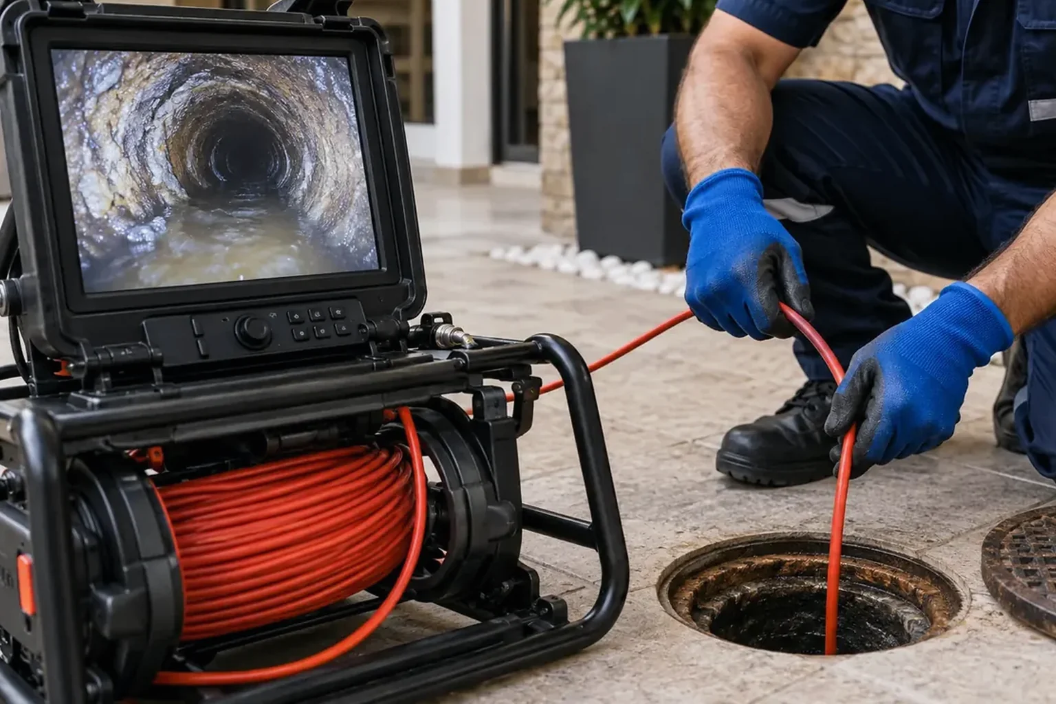 Profissional limpando fossa séptica com equipamento adequado.