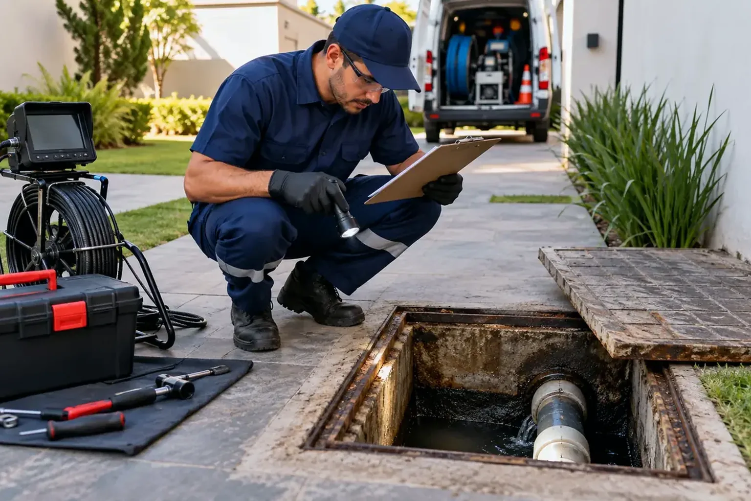 Técnico desentupindo tubulação usando ferramentas especializadas.