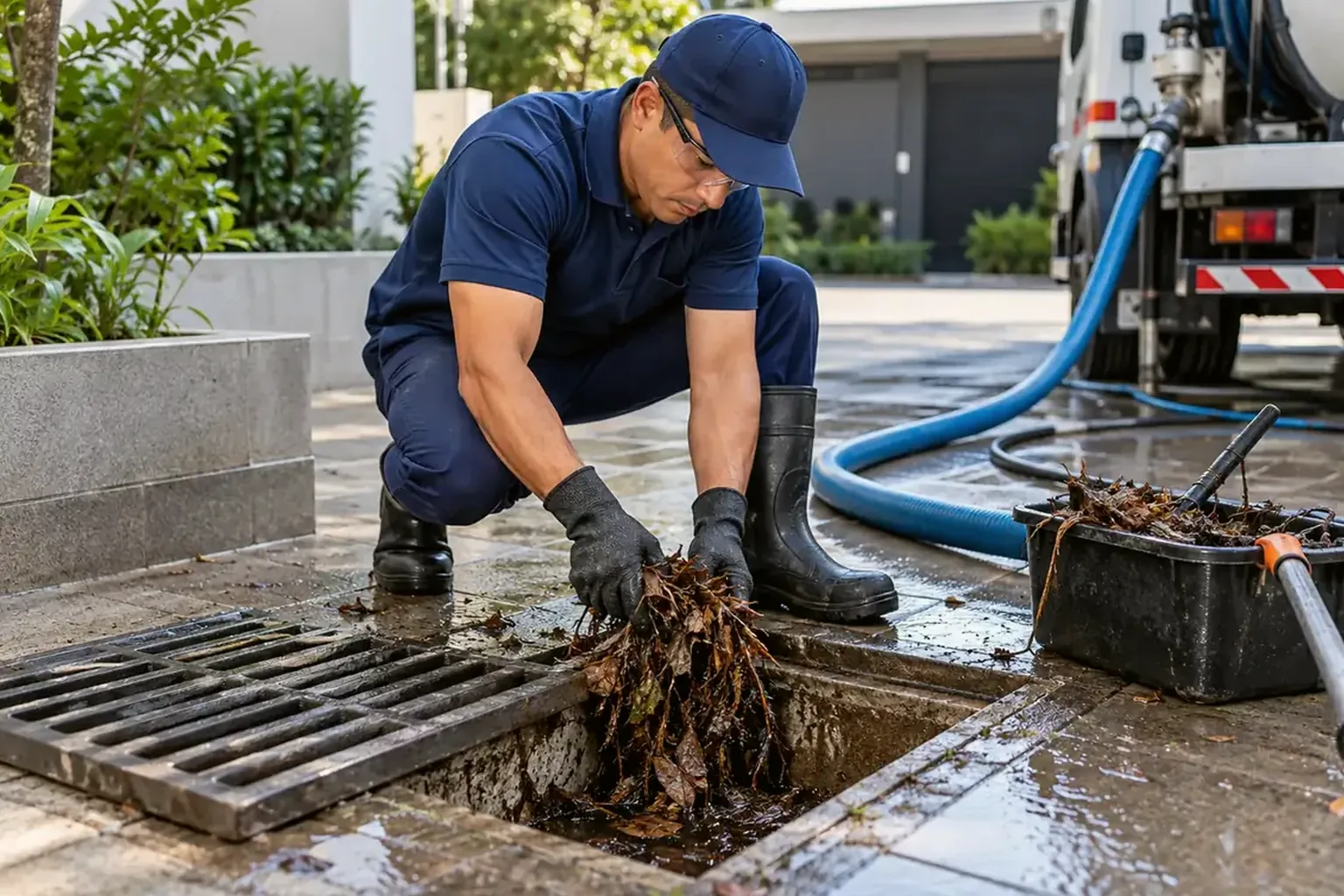 Técnico fazendo hidrojateamento em tubulações com equipamento de alta pressão.