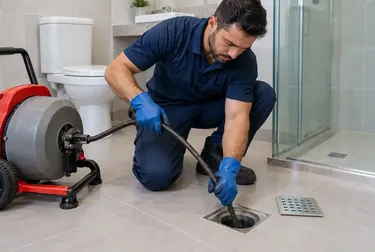 Técnico realizando desentupimento de ralo usando equipamentos.