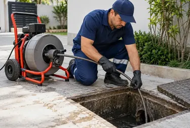 Técnico realizando serviço de desentupimento em esgotos.