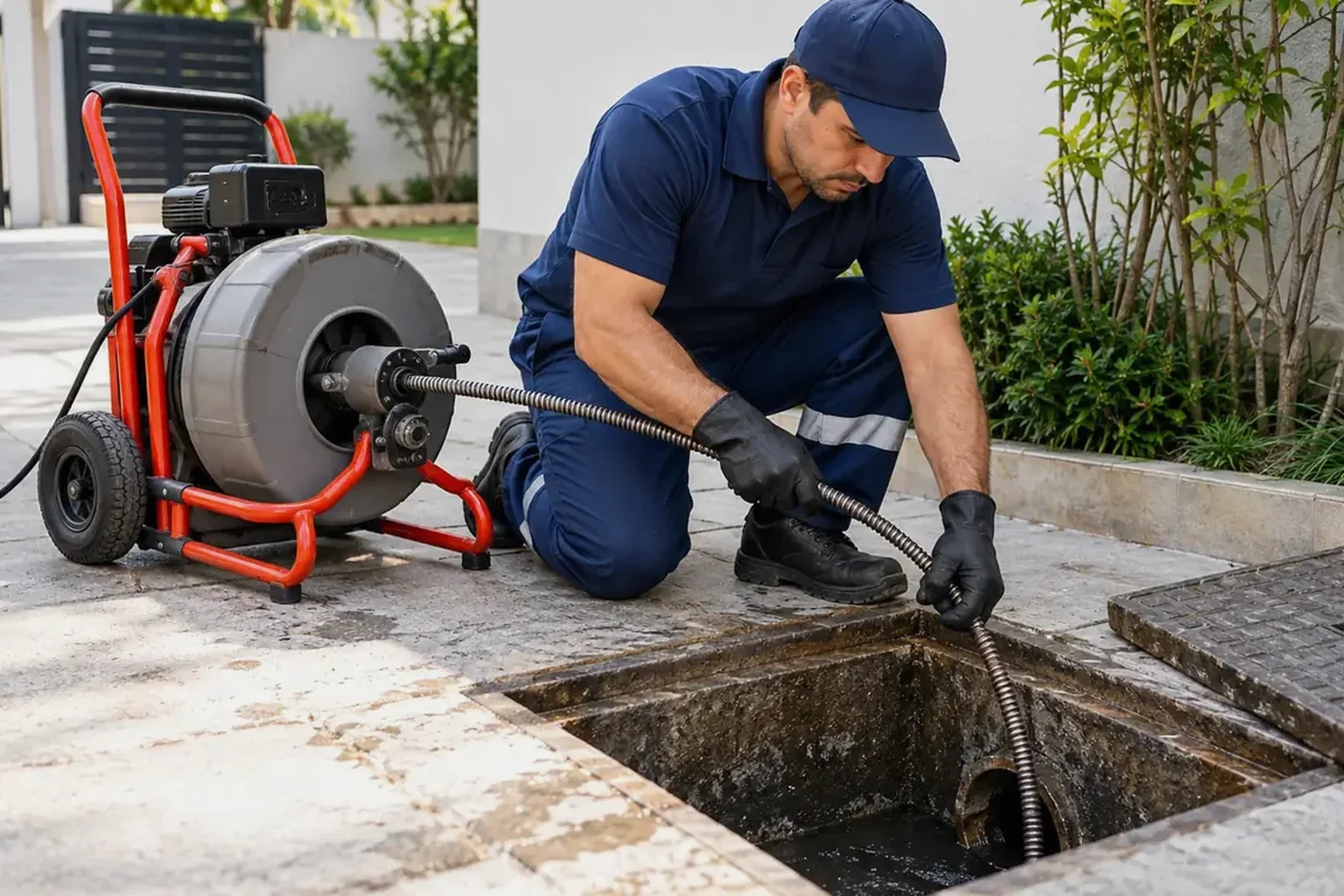 Técnico realizando serviço de desentupimento em esgotos.
